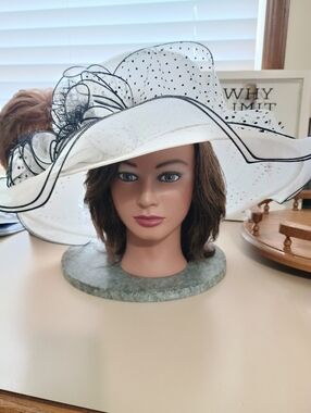 Something Special Wide Brim Derby Hat Black & White Mesh Flowers